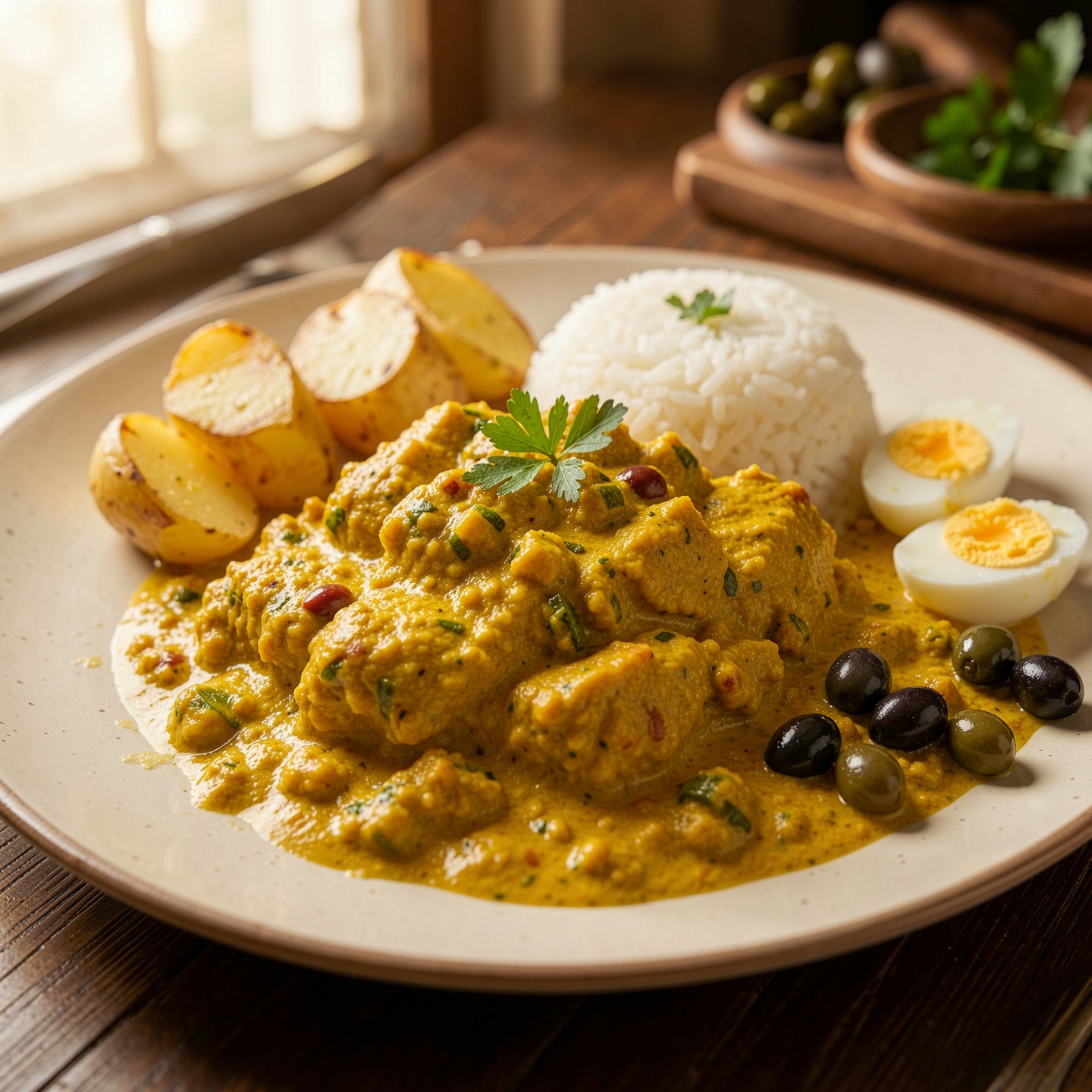 Ají de gallina con arroz y papas