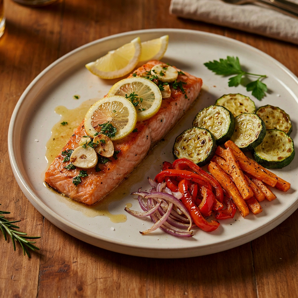 Salmón al limón con verduras asadas